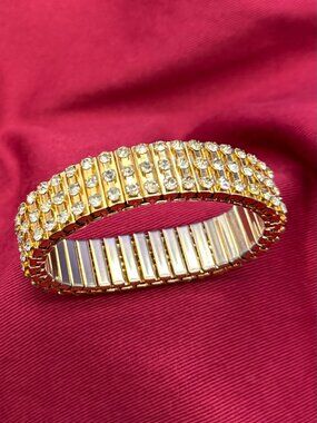 VTG Mid-Century Glamour Gold-Tone Crystal Expansion Bracelet